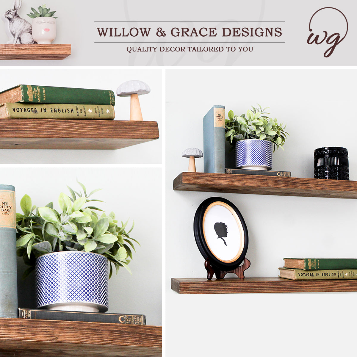 Connie (Light Walnut) - Floating Shelves, Rustic Wood Shelves- Free Shipping!