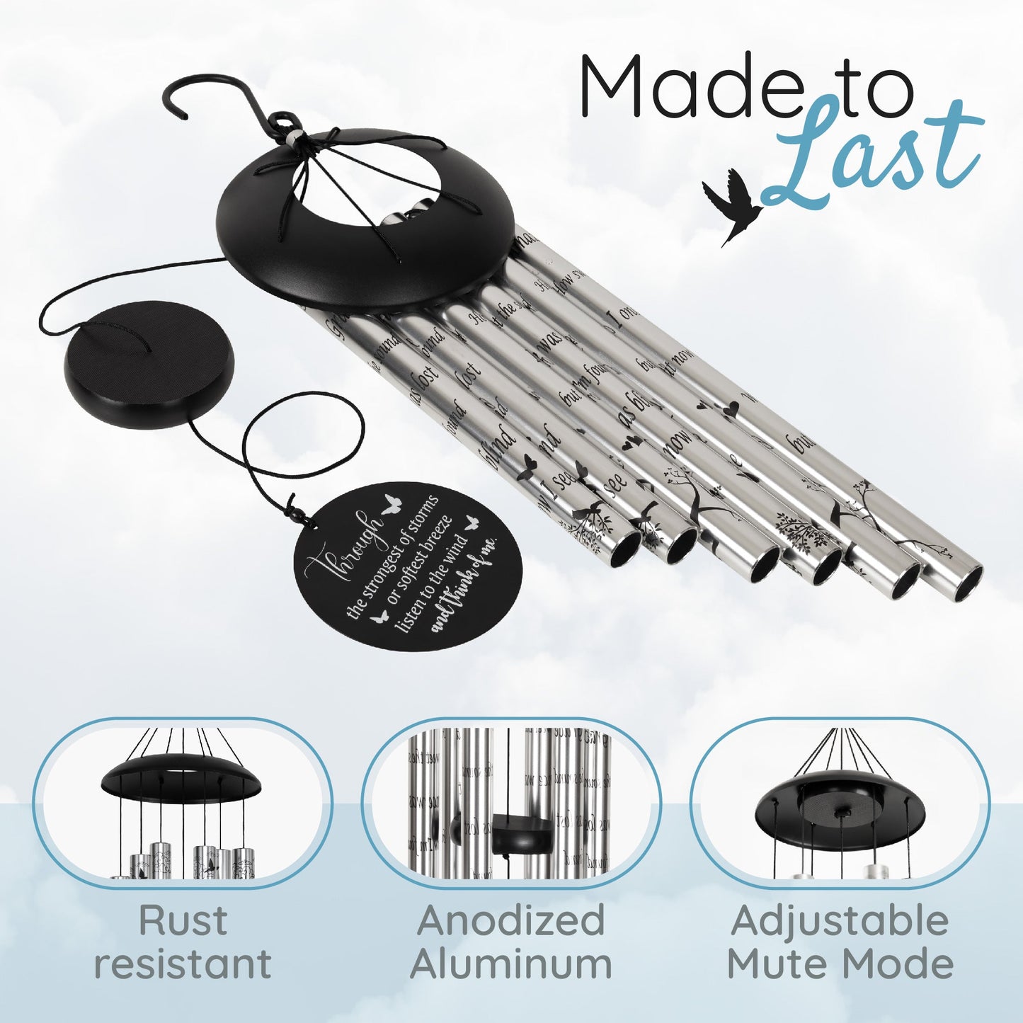 40" Serenity Memorial Wind Chimes, Thoughtful Gift For Special Occasions or Reflections Amazing Grace Scripture