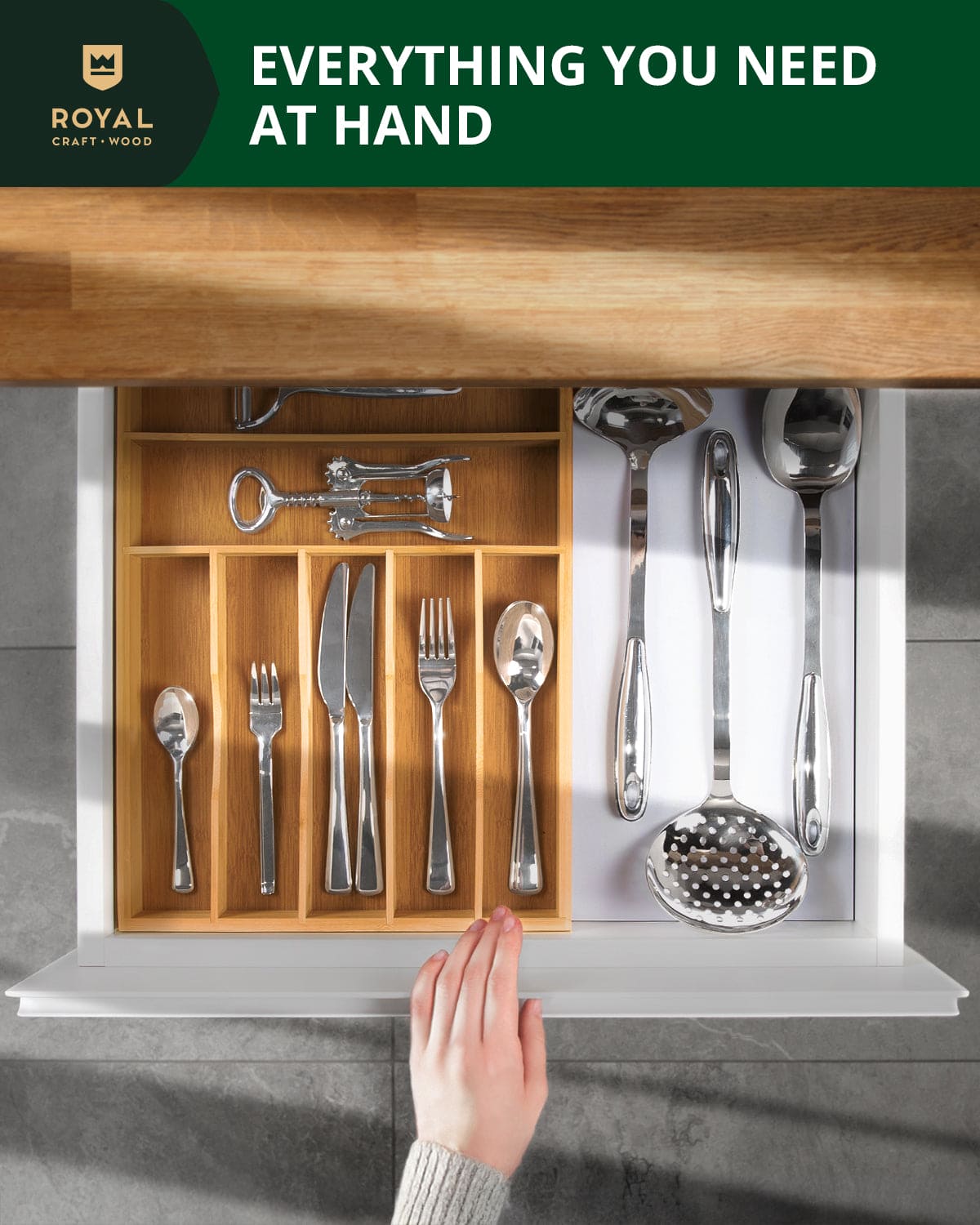 Basic Silverware Drawer Organizer, Natural 100% Bamboo