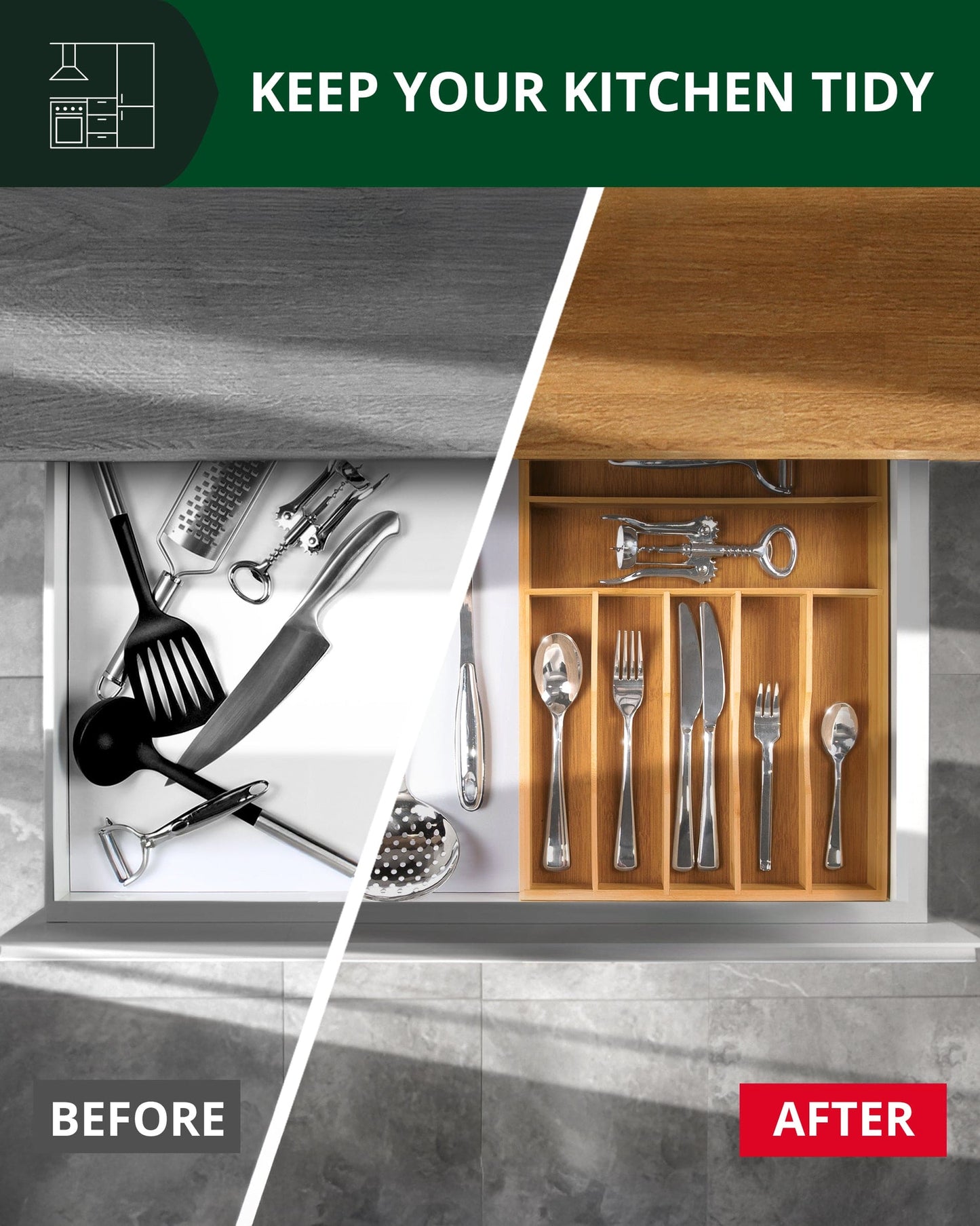 Basic Silverware Drawer Organizer, Natural 100% Bamboo