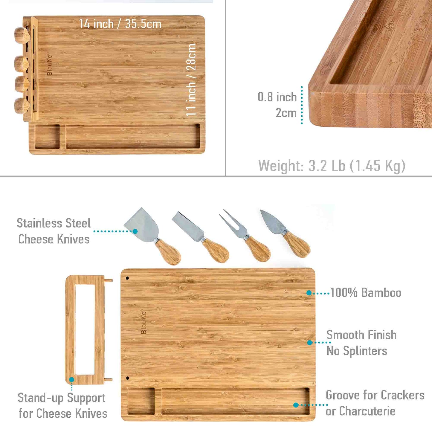 Bamboo Cheese Board and Knife Set - 14x11 inch Charcuterie Board Free Shipping!