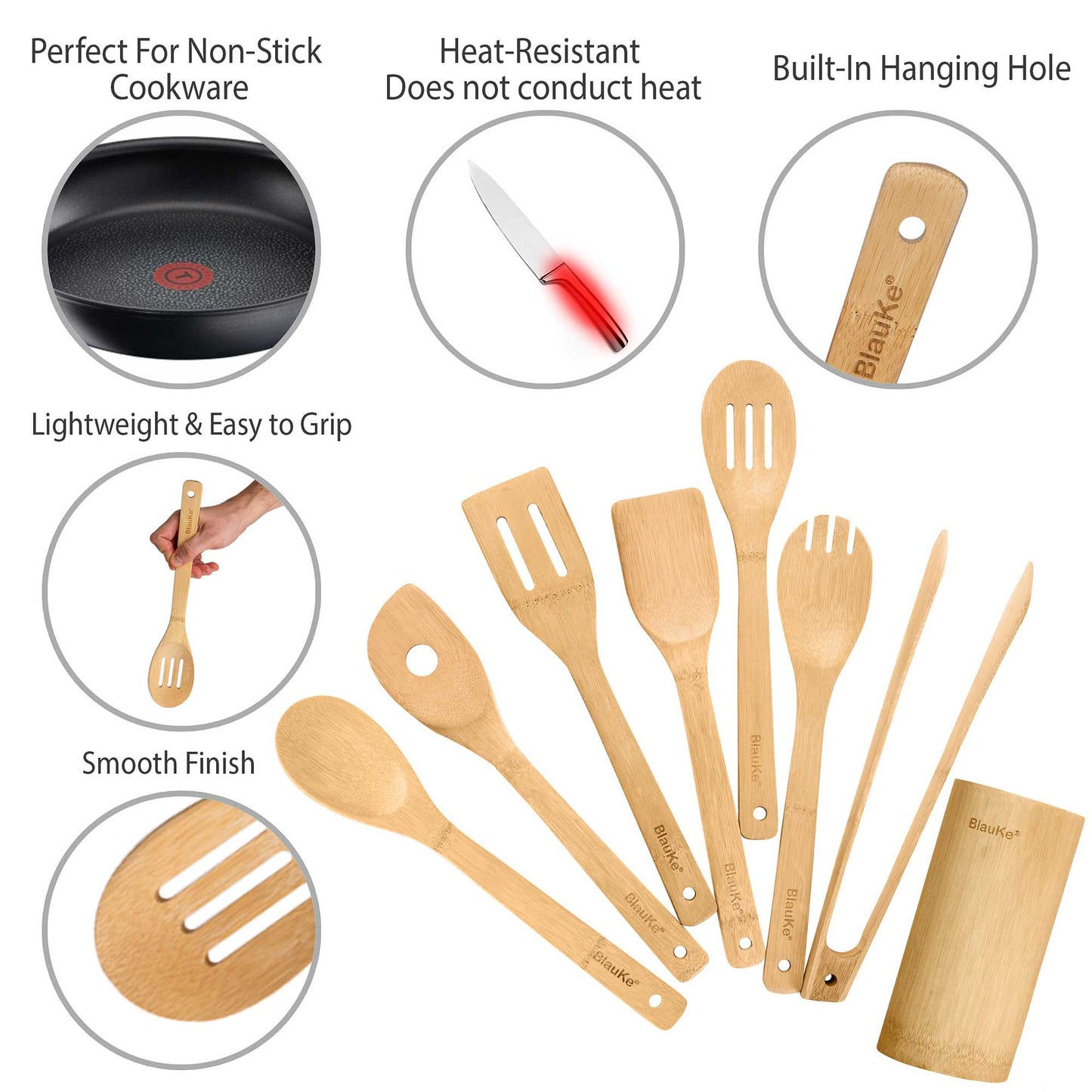 Bamboo Kitchen Utensils Set 8-Pack - Wooden Cooking Utensils Free Shipping!