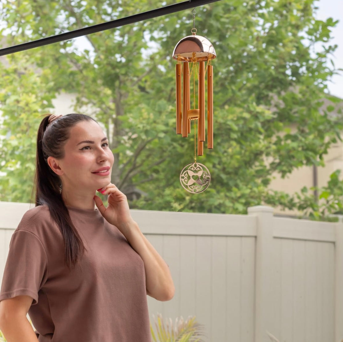 Memorial Wind Chime – Whispering Hearts™ Collection – Warm Gold Aluminum with Personalizable Heart Charm 15”