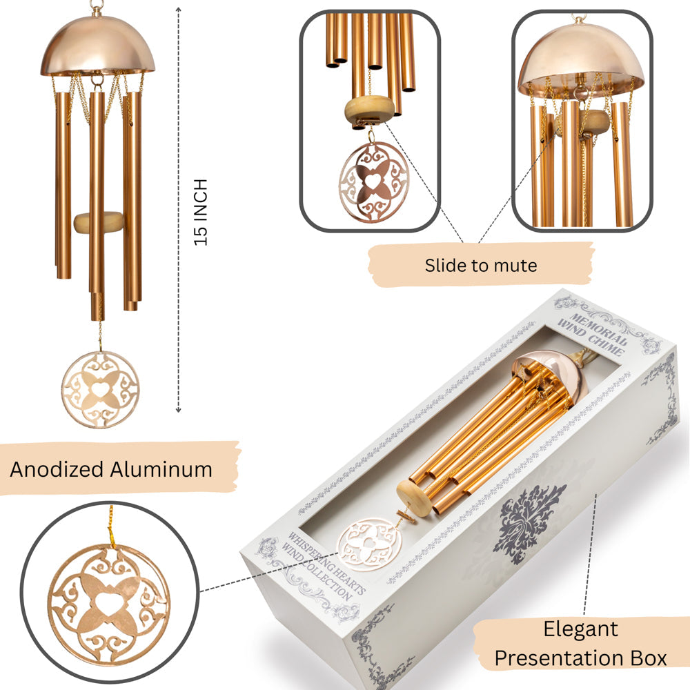 Memorial Wind Chime – Whispering Hearts™ Collection – Warm Gold Aluminum with Personalizable Heart Charm 15”