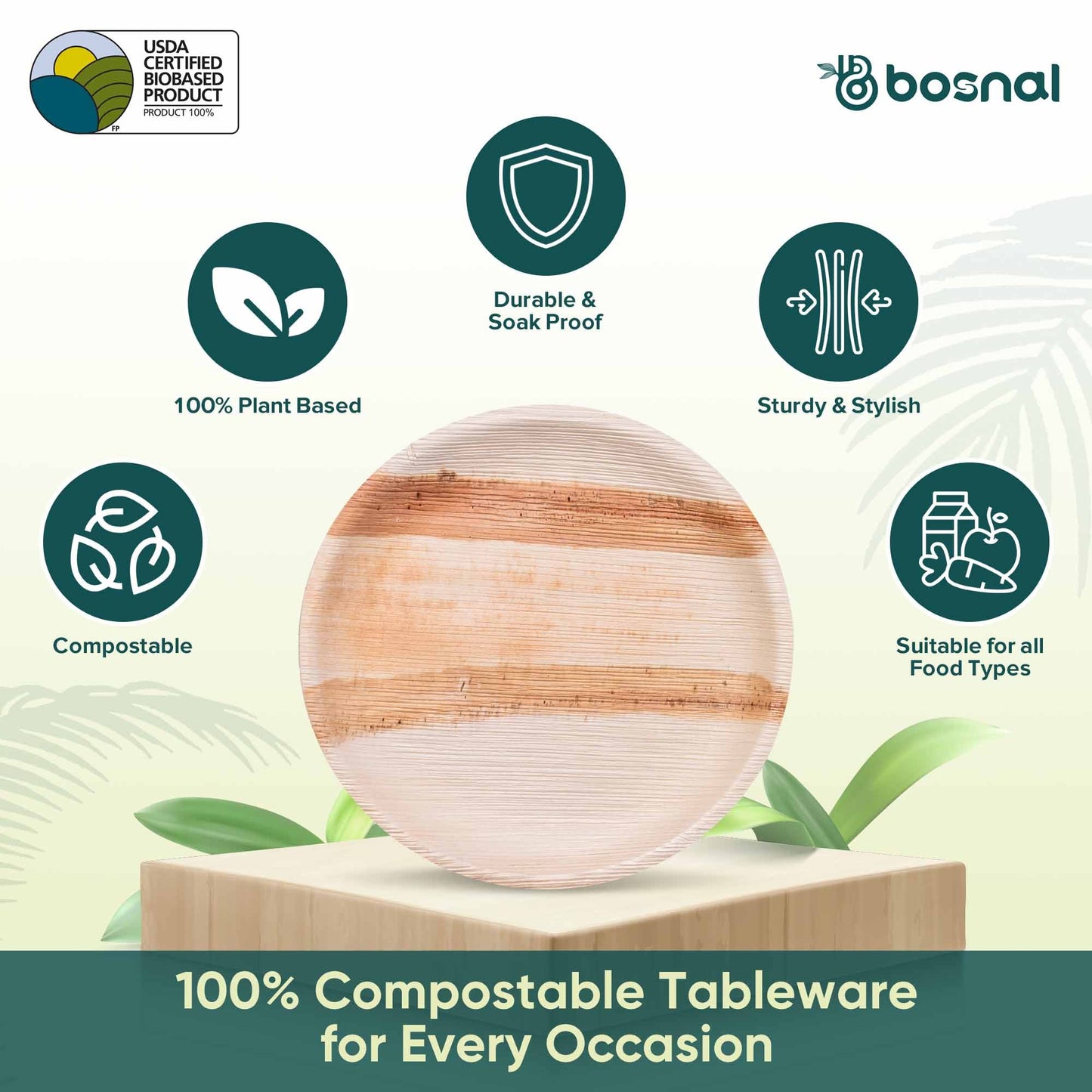 Bosnal - Palm Leaf Biodegradable Plates, 10 inch, Round