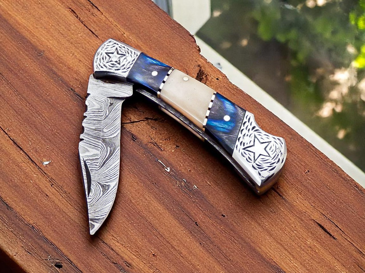 custom handmade Damascus pocket knife sold by Baygall Trading Co