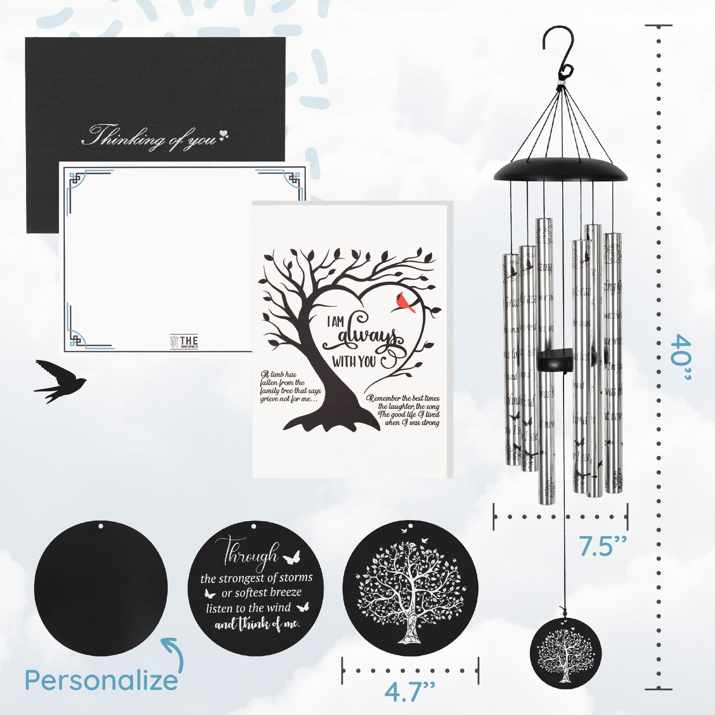 40" Serenity Memorial Wind Chimes, Thoughtful Gift For Special Occasions or Reflections Amazing Grace Scripture