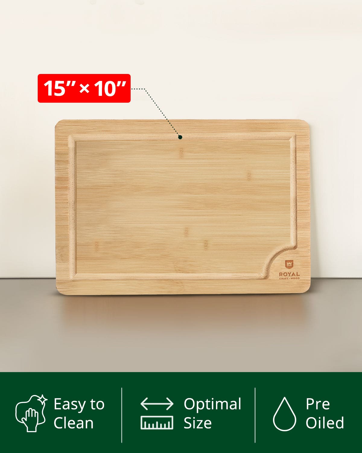 Bamboo cutting board with dimensions 15" x 10"