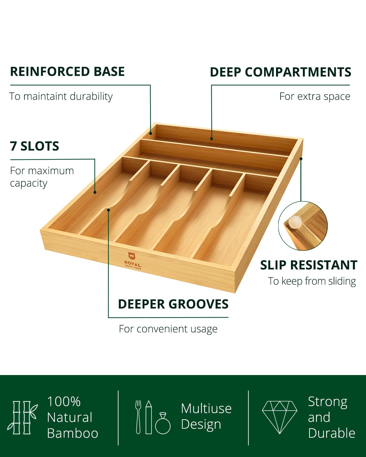 Basic Silverware Drawer Organizer, Natural 100% Bamboo