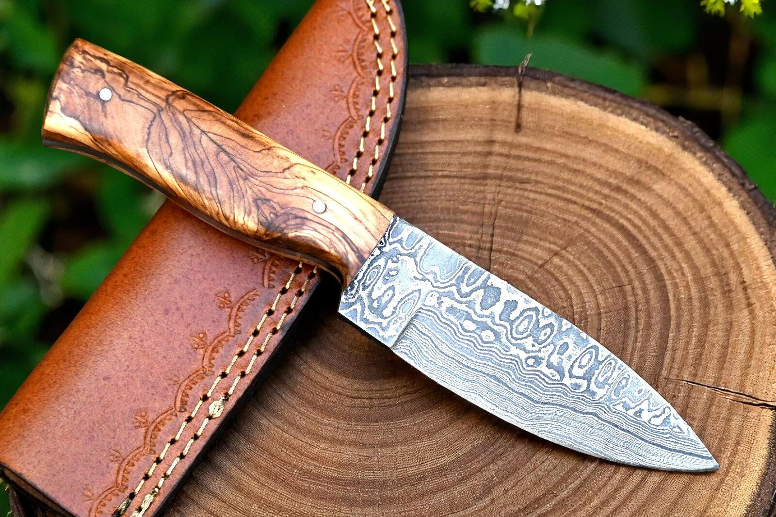 custom handmade Damascus skinning knife sold by Baygall Trading Co