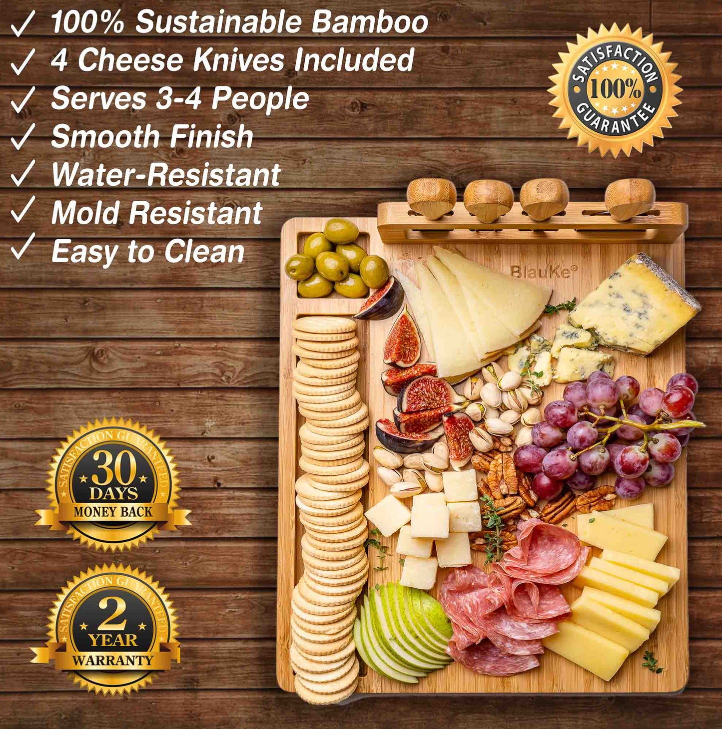 Bamboo Cheese Board and Knife Set - 14x11 inch Charcuterie Board Free Shipping!