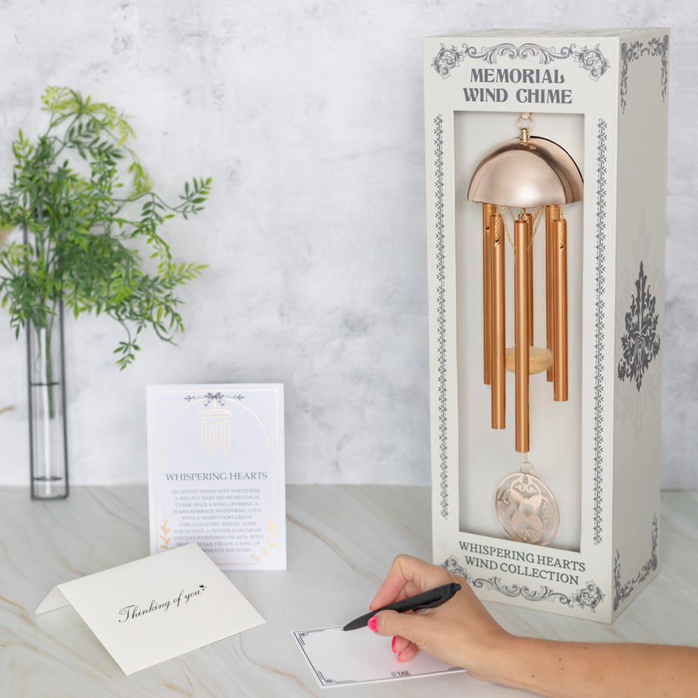 Memorial Wind Chime – Whispering Hearts™ Collection – Warm Gold Aluminum with Personalizable Heart Charm 15”