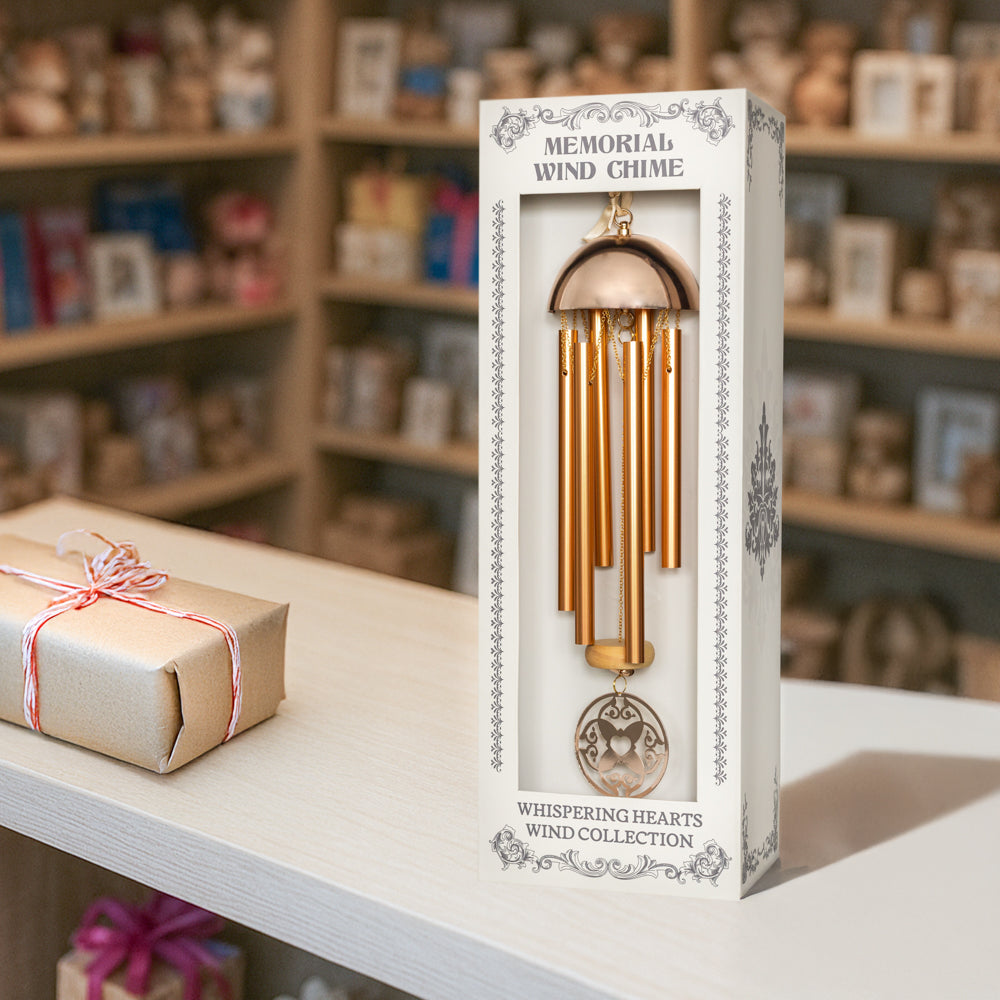 Memorial Wind Chime – Whispering Hearts™ Collection – Warm Gold Aluminum with Personalizable Heart Charm 15”