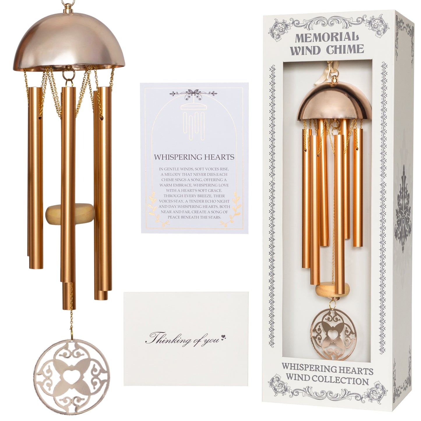Memorial Wind Chime – Whispering Hearts™ Collection – Warm Gold Aluminum with Personalizable Heart Charm 15”