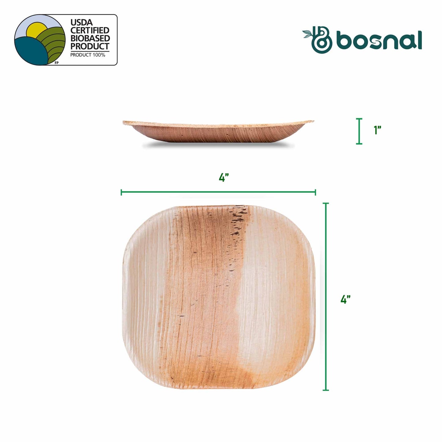 Bosnal - Palm Leaf Biodegradable Plates, 4 inch, Square