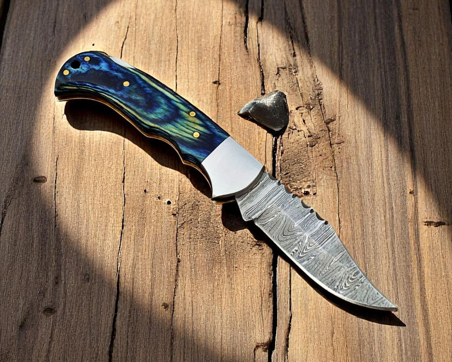 Handmade Damascus Pocket Knife with Leather Case sold by Baygall Trading Co